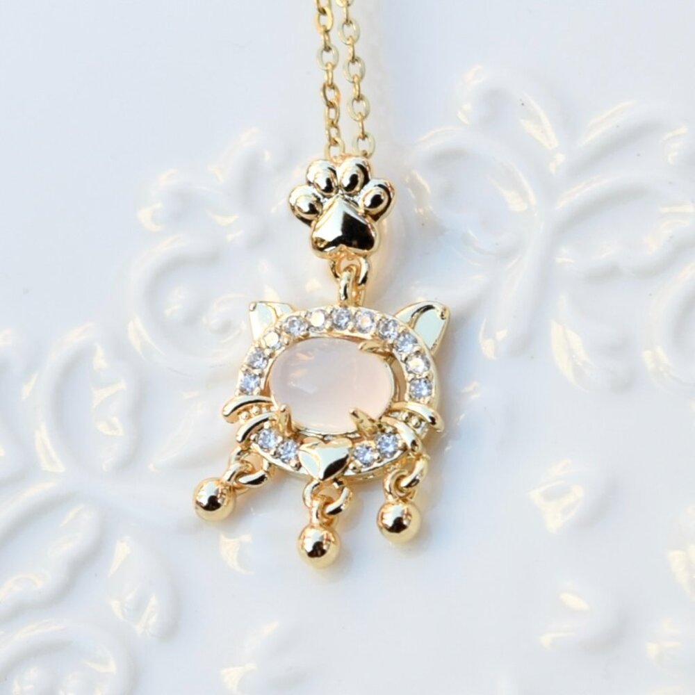 Cat Stone Lock Charm Necklace - Stainless Steel